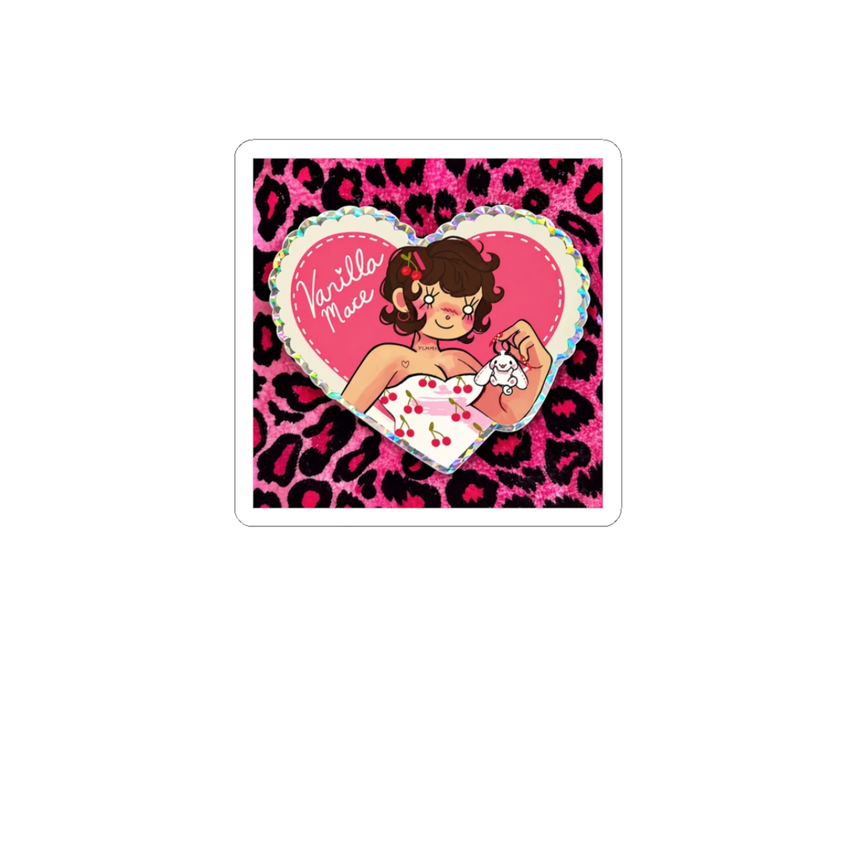 A heart-shaped sticker featuring a cartoon illustration of a person holding a small white figure. The sticker has the text "Vanilla Mace" and a cherry pattern on the dress. The background is a pink...