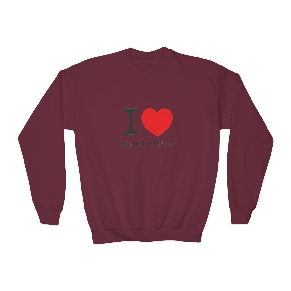 White Sweatshirts featuring the text "I ♥ VANILLA MACE". The "I" is black, the heart is red, and the text is in a simple sans-serif font. The shirt has a crew neck (Kids) - alternate angle 4, merchandise