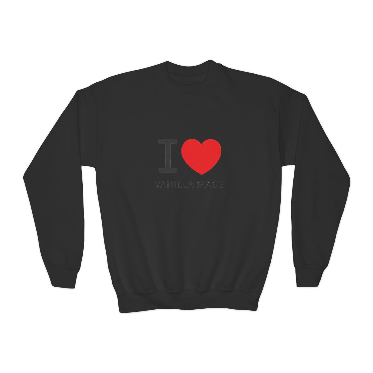 White Sweatshirts featuring the text "I ♥ VANILLA MACE". The "I" is black, the heart is red, and the text is in a simple sans-serif font. The shirt has a crew neck (Kids) - alternate angle 2, merchandise